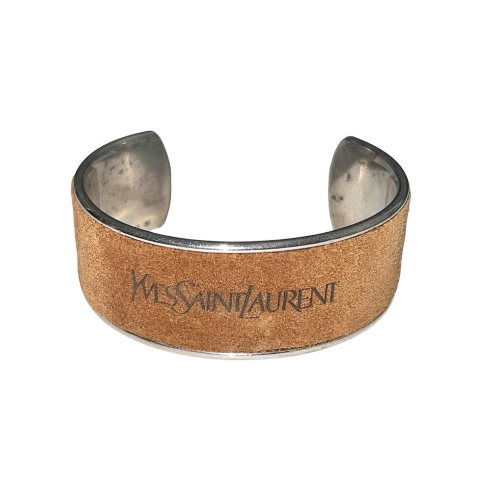 Vintage Yves Saint Laurent YSL Sterling Silver Suede Leather Logo Cuff Bracelet